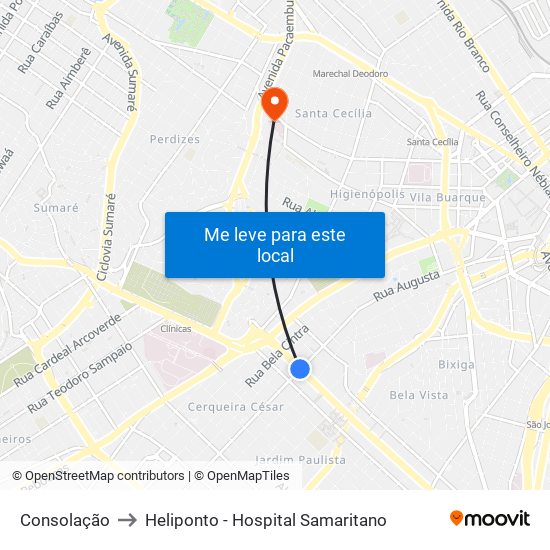 Consolação to Heliponto - Hospital Samaritano map