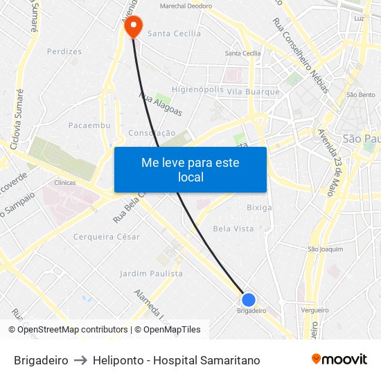 Brigadeiro to Heliponto - Hospital Samaritano map