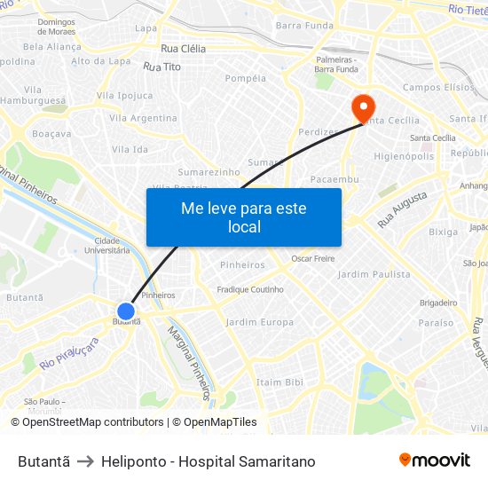 Butantã to Heliponto - Hospital Samaritano map