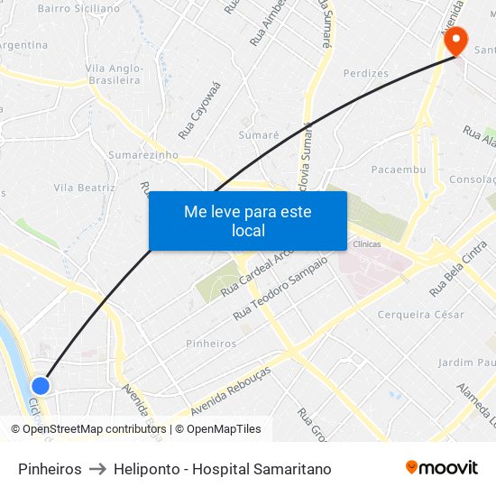 Pinheiros to Heliponto - Hospital Samaritano map