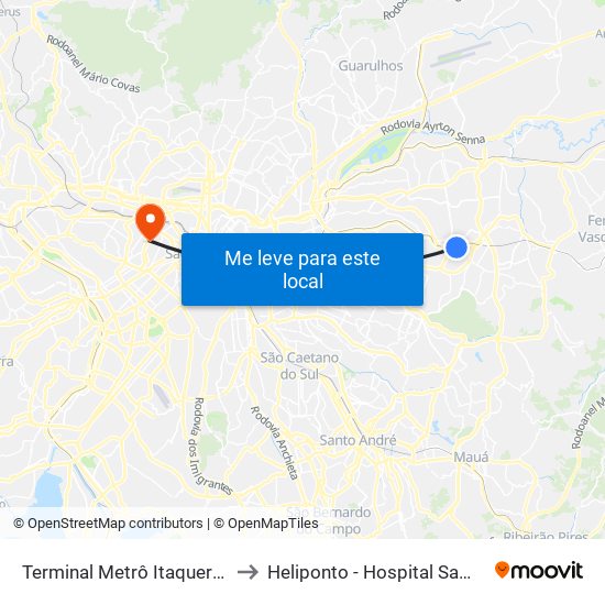 Terminal Metrô Itaquera Norte to Heliponto - Hospital Samaritano map