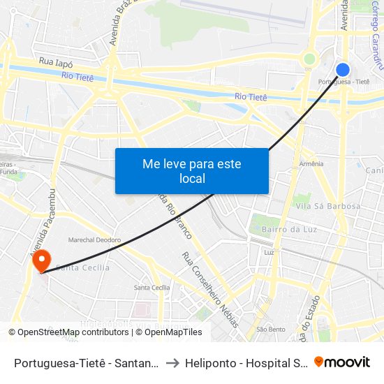 Portuguesa-Tietê - Santana, São Paulo to Heliponto - Hospital Samaritano map