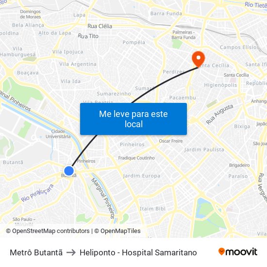 Metrô Butantã to Heliponto - Hospital Samaritano map