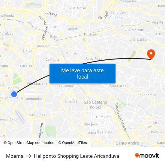 Moema to Heliponto Shopping Leste Aricanduva map