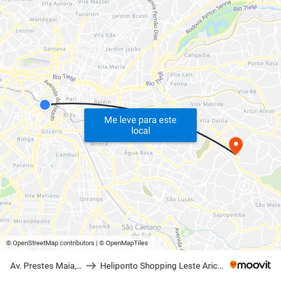 Av. Prestes Maia, 940 to Heliponto Shopping Leste Aricanduva map