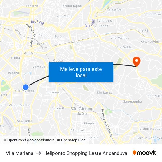 Vila Mariana to Heliponto Shopping Leste Aricanduva map