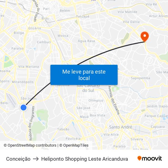 Conceição to Heliponto Shopping Leste Aricanduva map