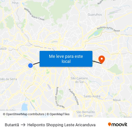 Butantã to Heliponto Shopping Leste Aricanduva map