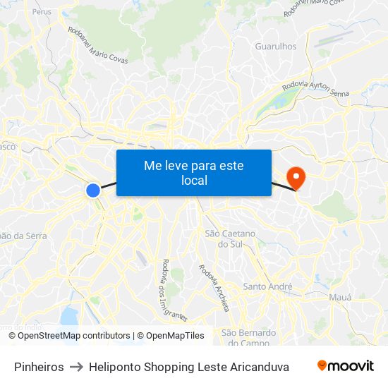Pinheiros to Heliponto Shopping Leste Aricanduva map