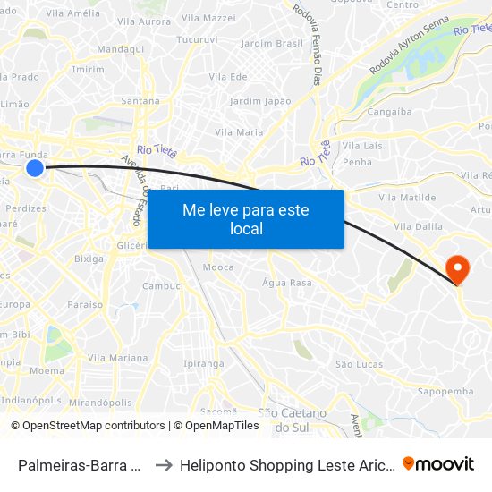 Palmeiras-Barra Funda to Heliponto Shopping Leste Aricanduva map