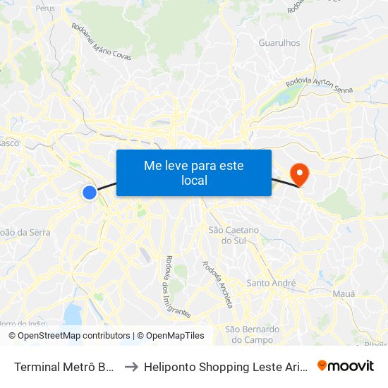 Terminal Metrô Butantã to Heliponto Shopping Leste Aricanduva map