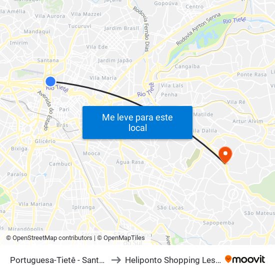 Portuguesa-Tietê - Santana, São Paulo to Heliponto Shopping Leste Aricanduva map