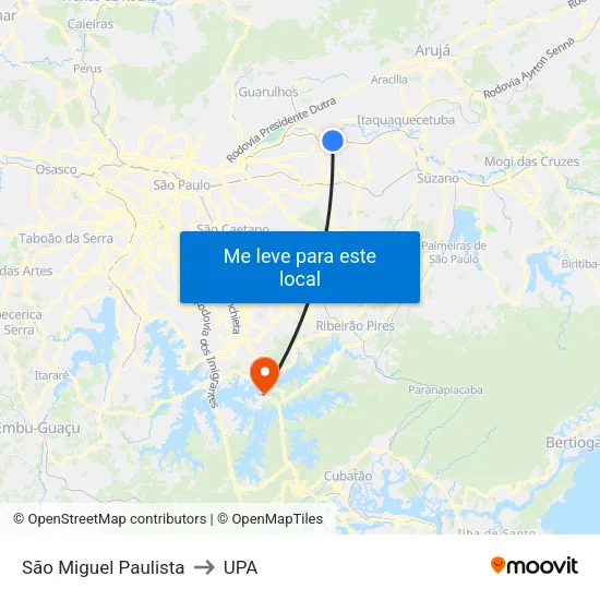 São Miguel Paulista to UPA map