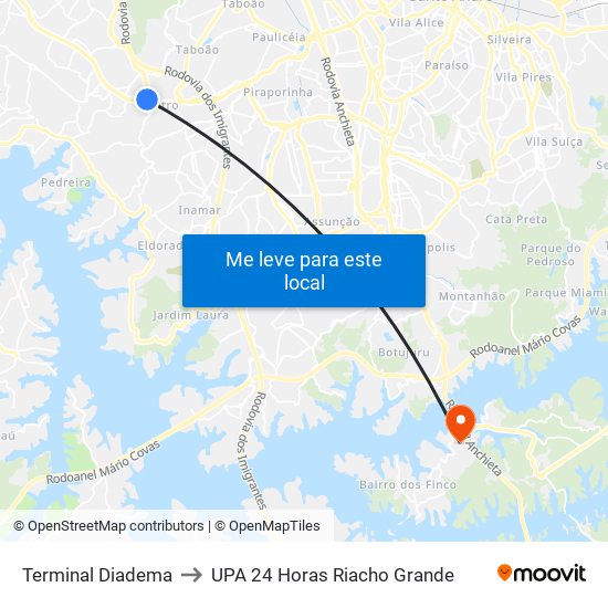 Terminal Diadema to UPA 24 Horas Riacho Grande map