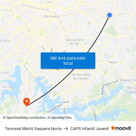 Terminal Metrô Itaquera Norte to CAPS Infantil Juvenil map