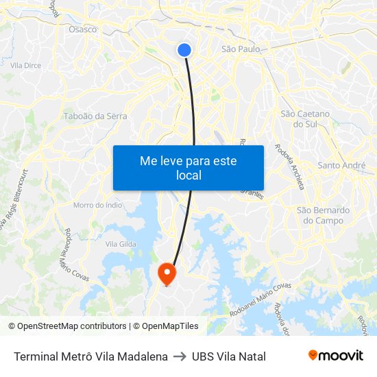 Terminal Metrô Vila Madalena to UBS Vila Natal map