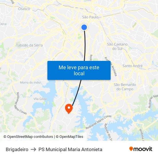 Brigadeiro to PS Municipal Maria Antonieta map