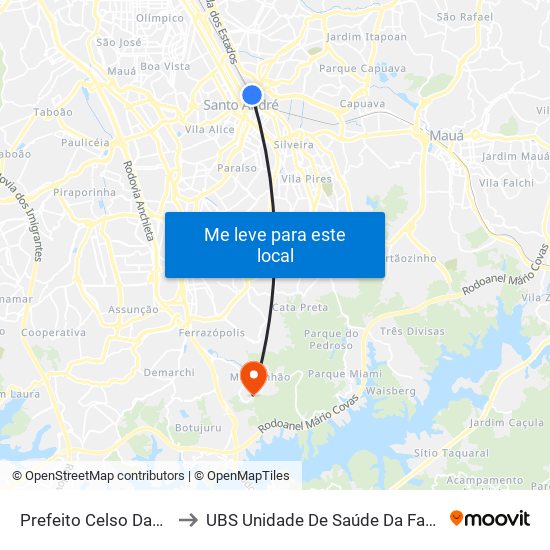 Prefeito Celso Daniel-Santo André to UBS Unidade De Saúde Da Família Do Parque Selecta map