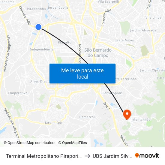 Terminal Metropolitano Piraporinha to UBS Jardim Silvina map