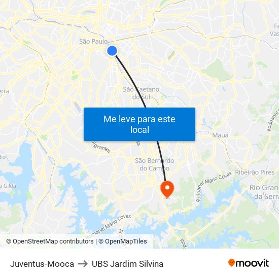 Juventus-Mooca to UBS Jardim Silvina map