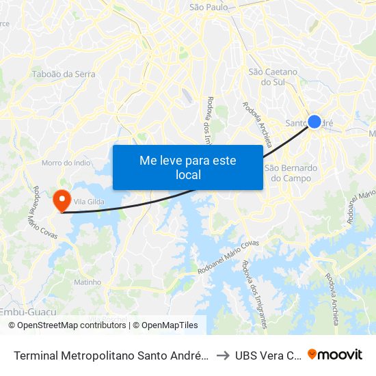 Terminal Metropolitano Santo André Leste to UBS Vera Cruz map