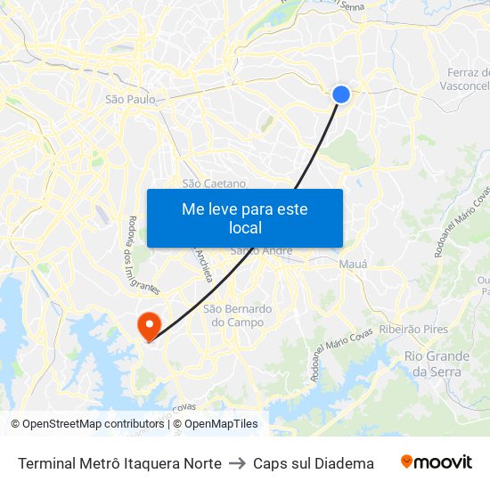 Terminal Metrô Itaquera Norte to Caps sul Diadema map