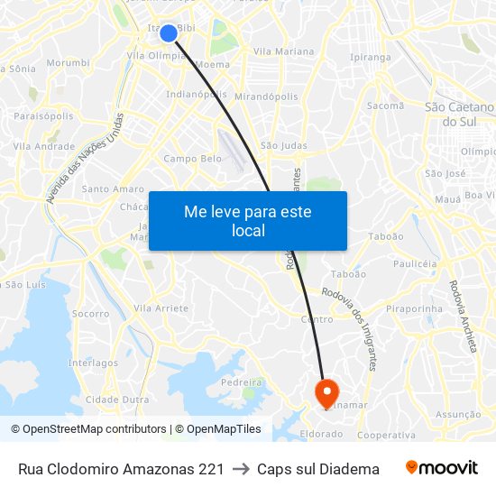 Rua Clodomiro Amazonas 221 to Caps sul Diadema map