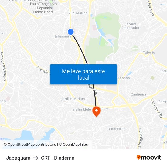 Jabaquara to CRT - Diadema map