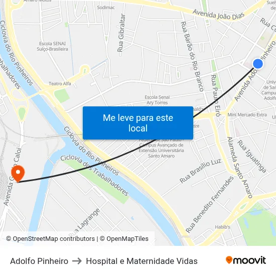 Adolfo Pinheiro to Hospital e Maternidade Vidas map