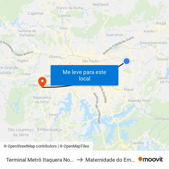 Terminal Metrô Itaquera Norte to Maternidade do Embú map