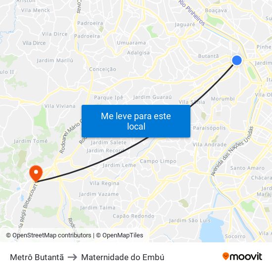 Metrô Butantã to Maternidade do Embú map