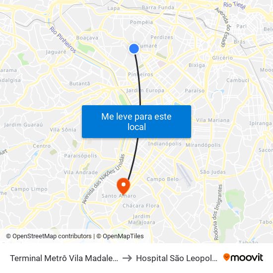 Terminal Metrô Vila Madalena to Hospital São Leopoldo map