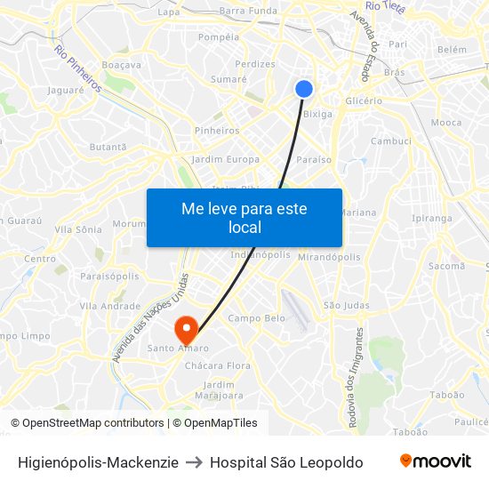 Higienópolis-Mackenzie to Hospital São Leopoldo map