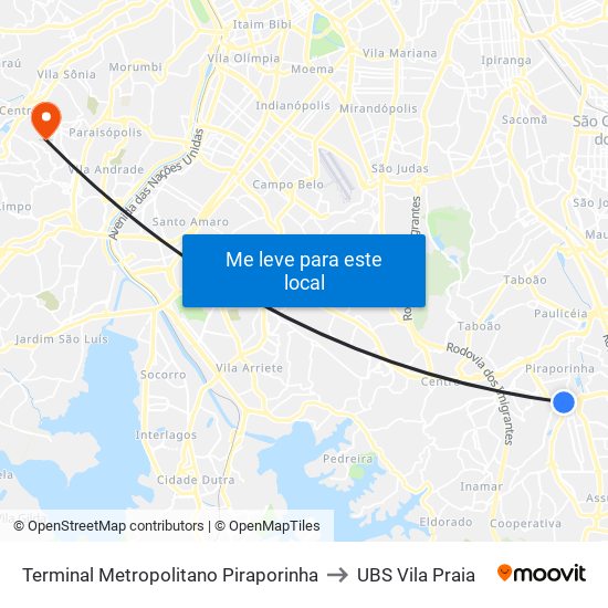 Terminal Metropolitano Piraporinha to UBS Vila Praia map