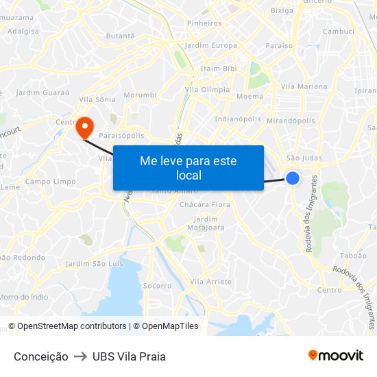 Conceição to UBS Vila Praia map