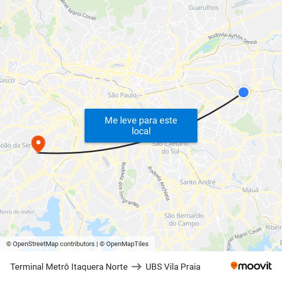 Terminal Metrô Itaquera Norte to UBS Vila Praia map