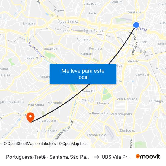 Portuguesa-Tietê - Santana, São Paulo to UBS Vila Praia map