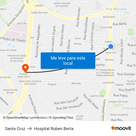 Santa Cruz to Hospital Ruben Berta map