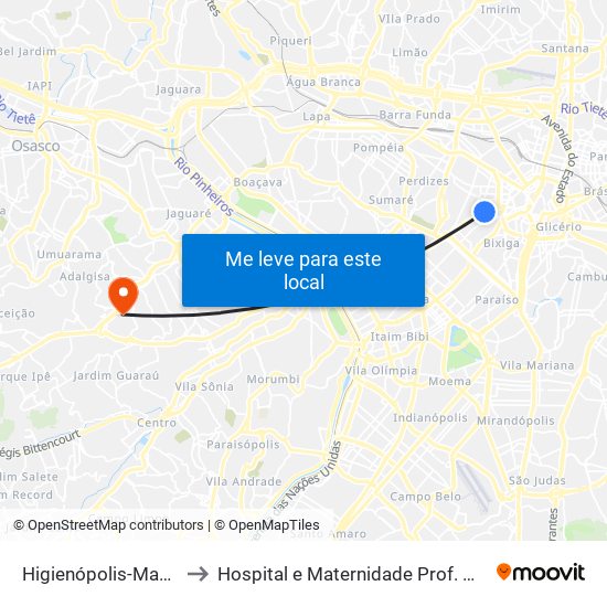 Higienópolis-Mackenzie to Hospital e Maternidade Prof. Mario Degni map