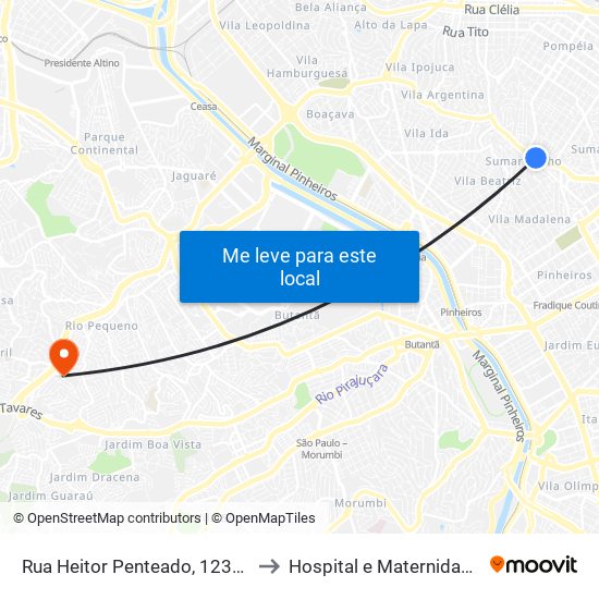 Rua Heitor Penteado, 1230 • Metrô Vila Madalena to Hospital e Maternidade Prof. Mario Degni map