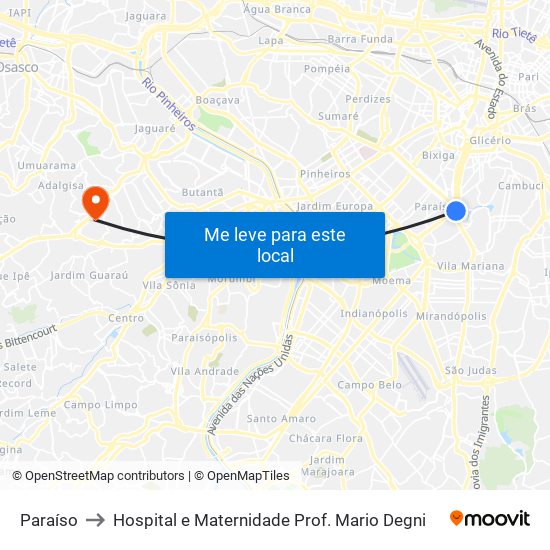 Paraíso to Hospital e Maternidade Prof. Mario Degni map