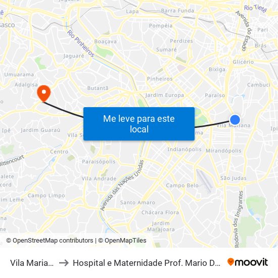 Vila Mariana to Hospital e Maternidade Prof. Mario Degni map