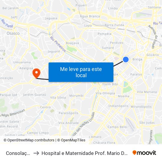 Consolação to Hospital e Maternidade Prof. Mario Degni map