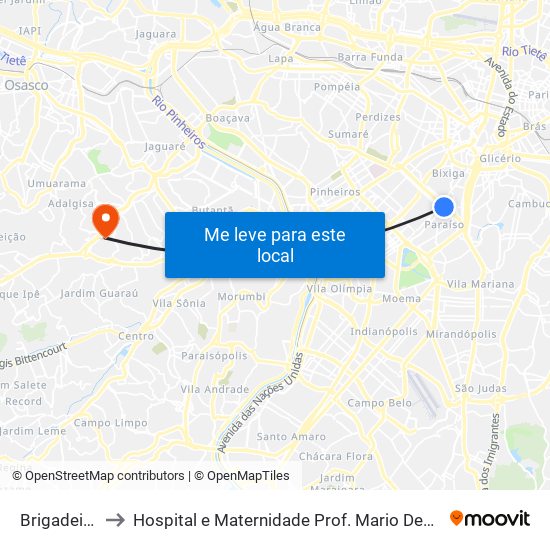 Brigadeiro to Hospital e Maternidade Prof. Mario Degni map