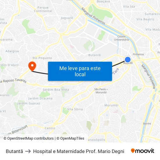 Butantã to Hospital e Maternidade Prof. Mario Degni map