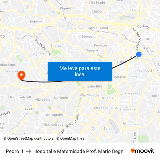 Pedro II to Hospital e Maternidade Prof. Mario Degni map