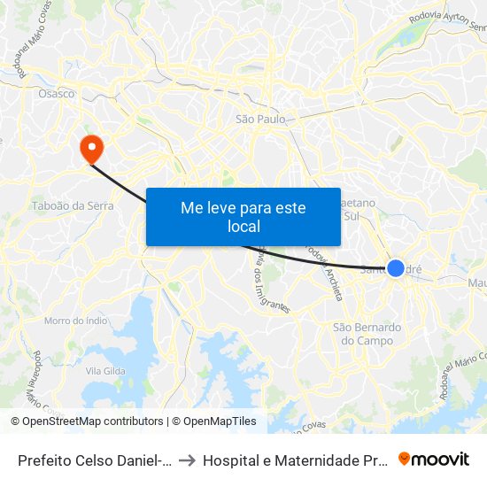 Prefeito Celso Daniel-Santo André to Hospital e Maternidade Prof. Mario Degni map