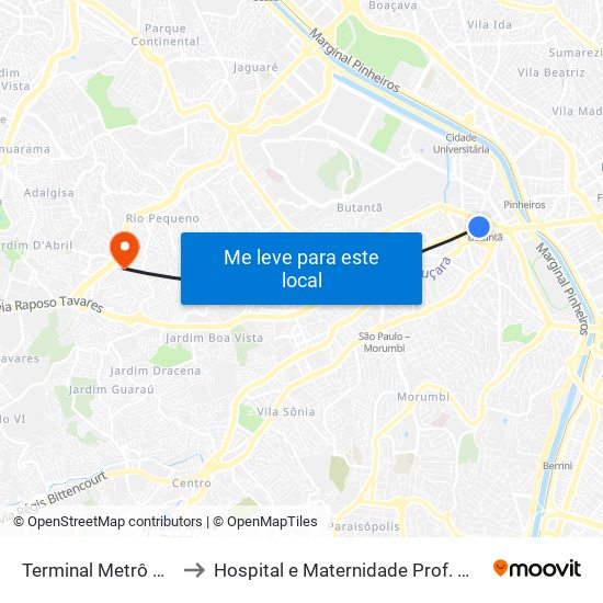 Terminal Metrô Butantã to Hospital e Maternidade Prof. Mario Degni map