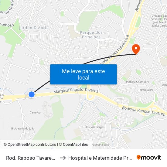 Rod. Raposo Tavares - Carrefour to Hospital e Maternidade Prof. Mario Degni map