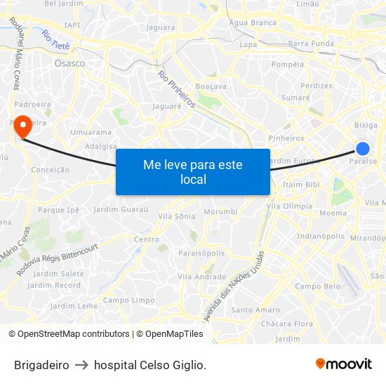 Brigadeiro to hospital Celso Giglio. map